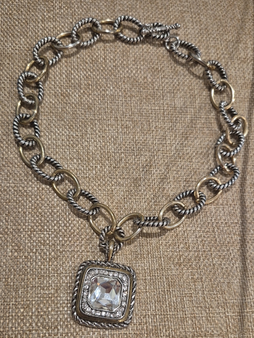 Gold & Silver Two-Tone Chain Necklace with Crystal Pendant